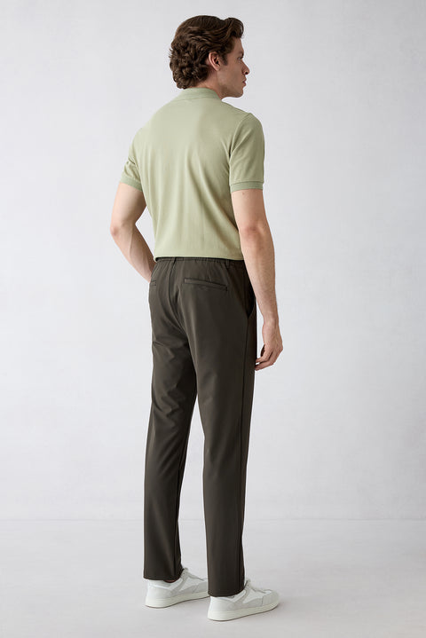 Koyu Haki Techno-Line Regular Fit Standart Kesim Çantalı Likralı Beli İpli Chino / Kanvas Pantolon