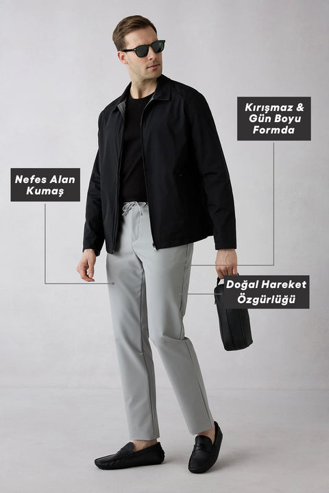 Açık Gri Techno-Line Regular Fit Standart Kesim Likralı Esnek Beli Lastikli İpli Çantalı Pantolon