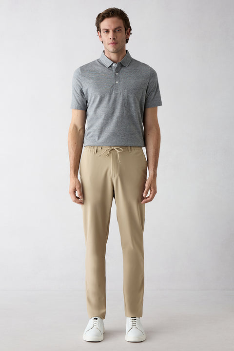 Medium Beige Techno-Line Regular Fit Standard Cut Lycra Stretchy Elasticated Waist Drawstring Bagged Trousers