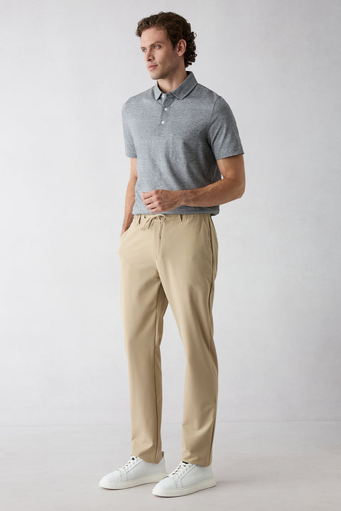 Medium Beige Techno-Line Regular Fit Standard Cut Lycra Stretchy Elasticated Waist Drawstring Bagged Trousers