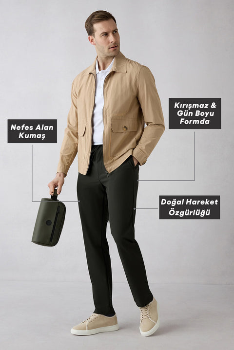 Orta Antrasit Techno-Line Regular Fit Standart Kesim Likralı Esnek Beli Lastikli İpli Çantalı Pantolon