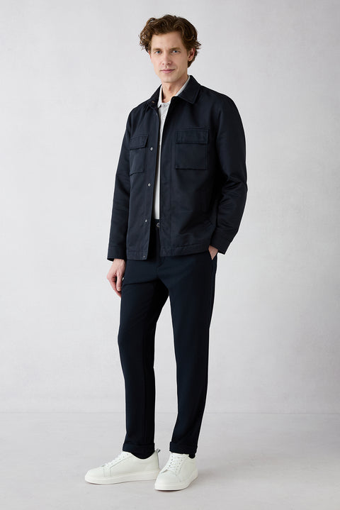 Koyu Lacivert Regular Straight Fit Yan Cepli Likralı Esnek Desenli Kanvas / Chino Pantolon