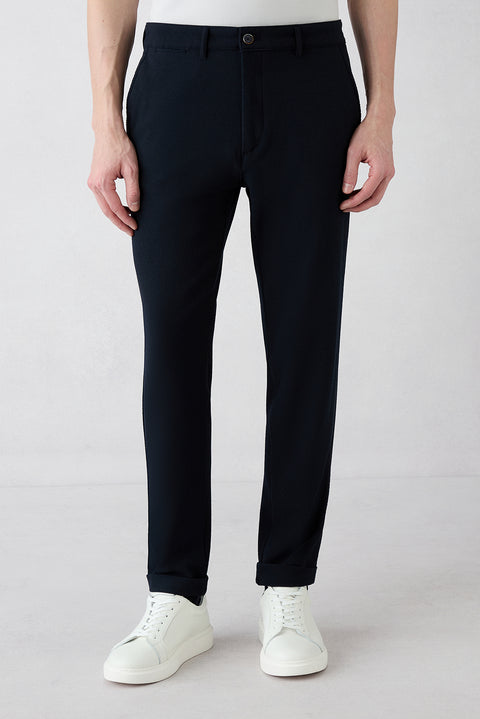 Koyu Lacivert Regular Straight Fit Yan Cepli Likralı Esnek Kanvas / Chino Pantolon