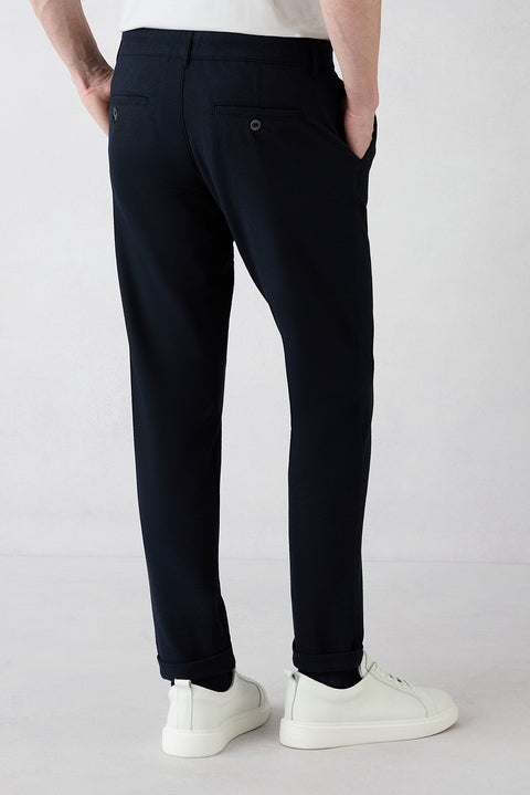 Koyu Lacivert Regular Straight Fit Yan Cepli Likralı Esnek Desenli Kanvas / Chino Pantolon