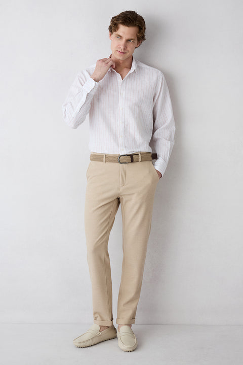 Açık Bej Regular Straight Fit Yan Cepli Likralı Esnek Kanvas / Chino Pantolon