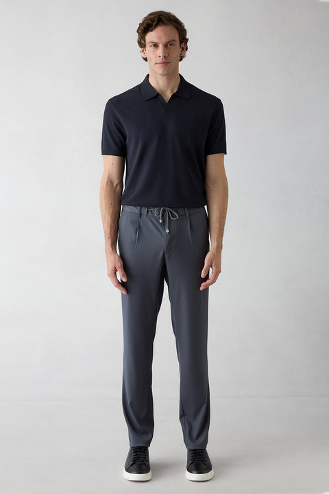 Koyu Füme Regular Straight Fit Beli İpli Pileli Yan Cepli Likralı Kanvas / Chino Pantolon