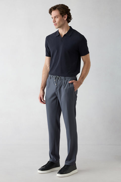 Koyu Füme Regular Straight Fit Beli İpli Pileli Yan Cepli Likralı Kanvas / Chino Pantolon