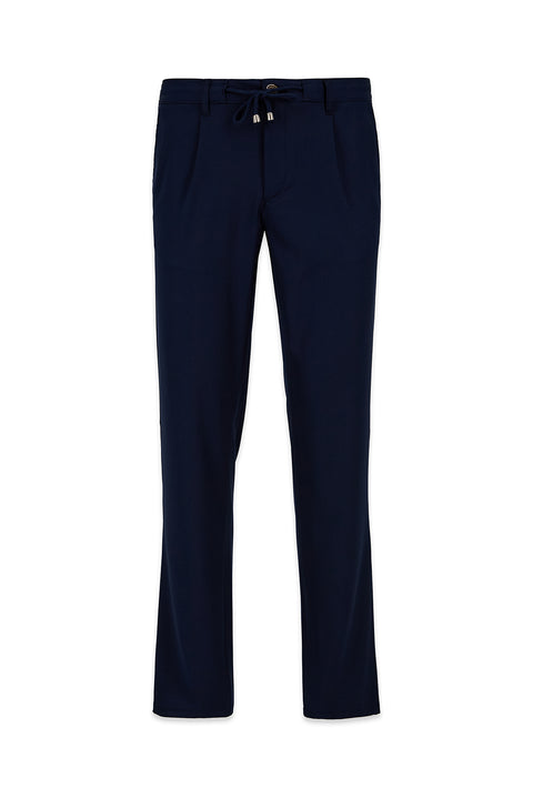 Light Navy Regular Straight Fit Drawstring Waist Pleated Side Pocket Stretchy Jogger Pants