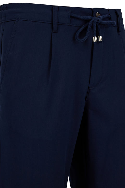Light Navy Regular Straight Fit Drawstring Waist Pleated Side Pocket Stretchy Jogger Pants