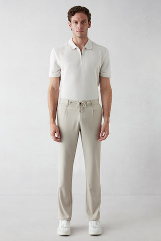  Açık Bej Regular Straight Fit Beli İpli Pileli Yan Cepli Likralı Kanvas / Chino Pantolon