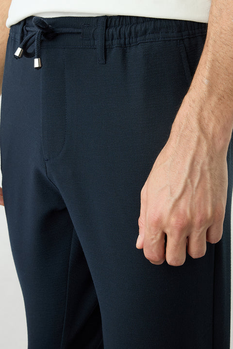 Dark Navy Regular Fit Striped Drawstring Waist Lycra Sport Pants