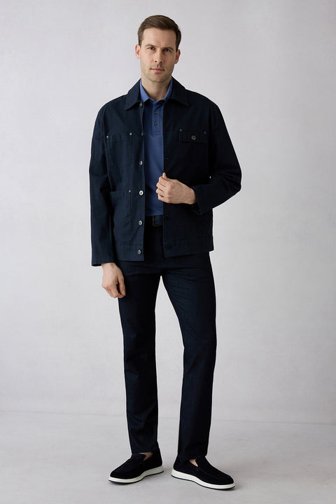 Koyu Lacivert Regular Fit Standart Kesim Desenli Yandan Cep Kanvas / Chino Pantolon