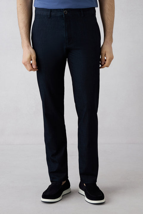 Koyu Lacivert Regular Fit Standart Kesim Desenli Yandan Cep Kanvas / Chino Pantolon
