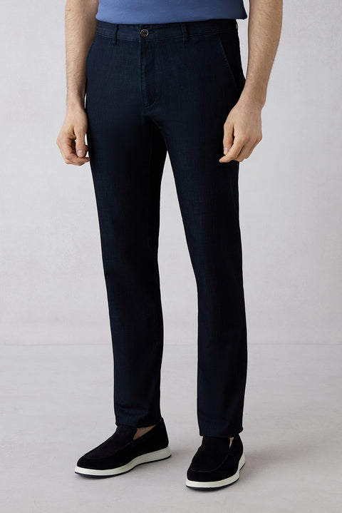 Koyu Lacivert Regular Fit Standart Kesim Desenli Yandan Cep Kanvas / Chino Pantolon