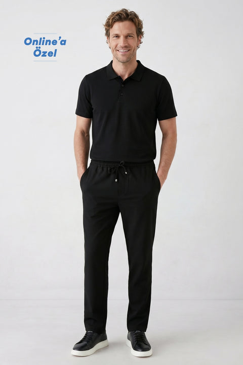 Siyah Regular Fit Standart Kesim Yandan Cep Beli Lastikli İpli Jogger Pantolon