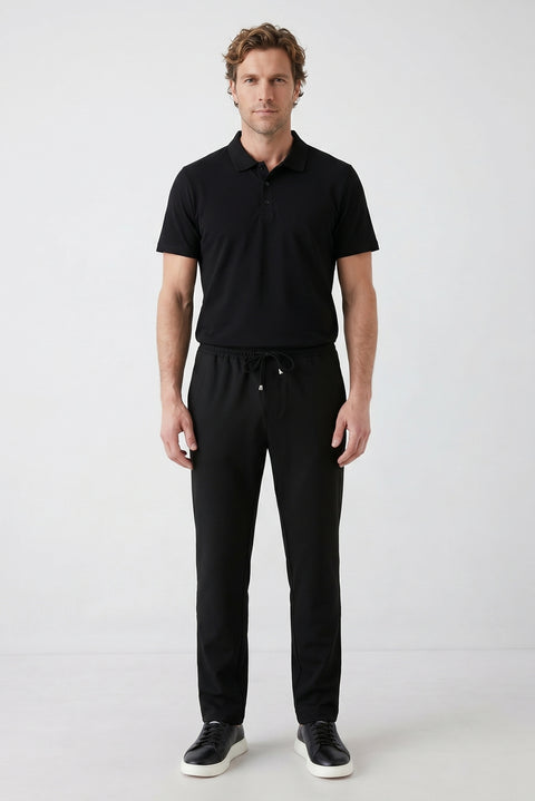 Siyah Regular Fit Standart Kesim Yandan Cep Beli Lastikli İpli Jogger Pantolon