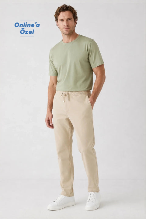 Açık Bej Regular Fit Standart Kesim Yandan Cep Beli Lastikli İpli Jogger Pantolon