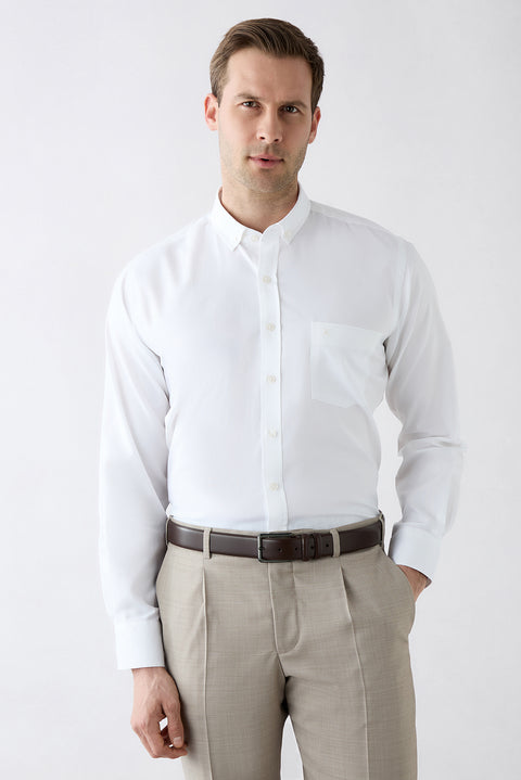 White Long Sleeve Regular Fit Button-Down Embroidered Pocket Cotton Shirt