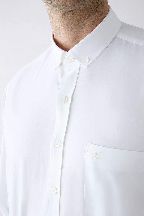 White Long Sleeve Regular Fit Button-Down Embroidered Pocket Cotton Shirt