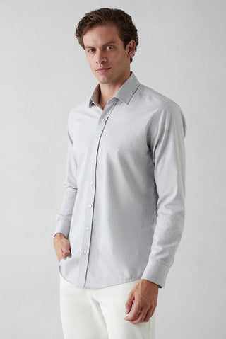  Orta Gri Uzun Kol Slim Fit Desenli %100 Pamuk Gömlek