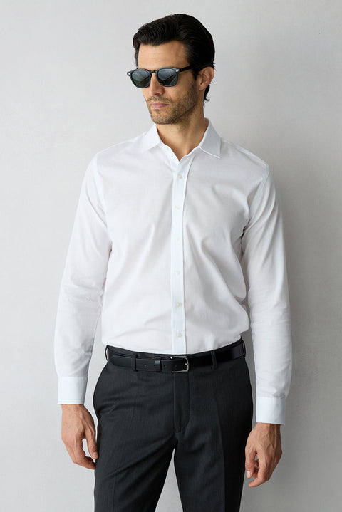 White Long Sleeve Slim Fit Cotton Plain Shirt
