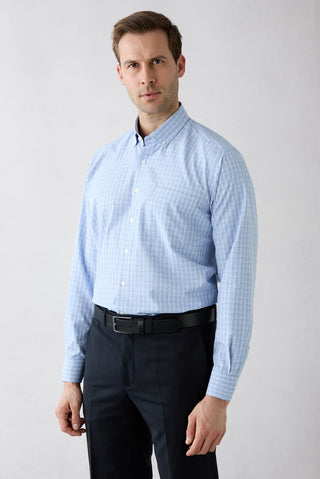  Mavi Uzun Kol Slim Fit Cepli Ekose Pamuklu Kolay Ütülenebilir Gömlek