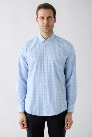  Mavi Uzun Kol Slim Fit Cepli Ekose Pamuklu Kolay Ütülenebilir Gömlek