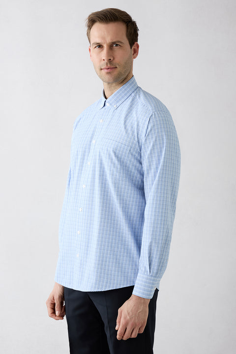 Mavi Uzun Kol Slim Fit Cepli Ekose Pamuklu Kolay Ütülenebilir Gömlek