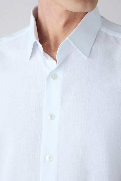 Beyaz Uzun Kol Regular Fit Klasik Yaka Pamuklu Keten Gömlek