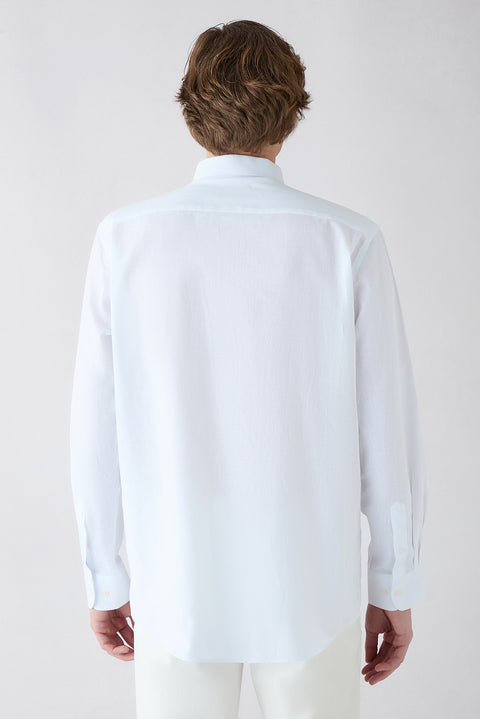 Beyaz Uzun Kol Regular Fit Klasik Yaka Pamuklu Keten Gömlek