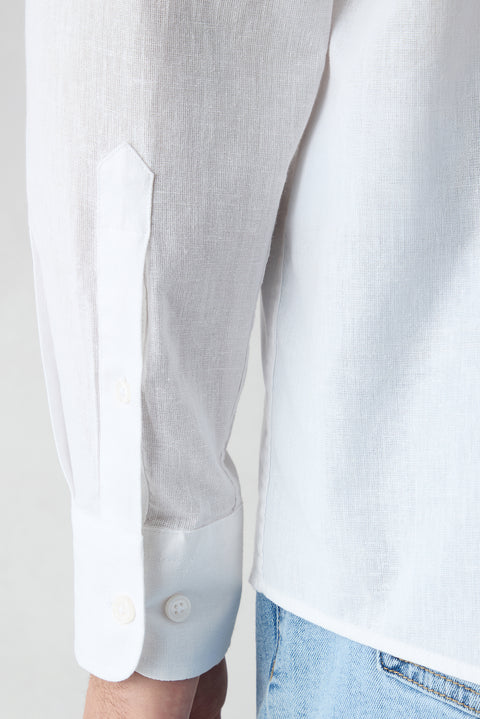 White Long Sleeve Regular Fit Classic Collar Cotton Linen Shirt