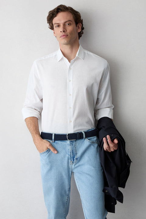 White Long Sleeve Regular Fit Classic Collar Cotton Linen Shirt