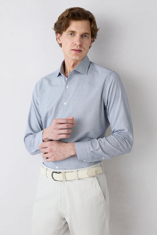  Koyu Lacivert Uzun Kol Klasik Çizgili Slim Fit Dar Kesim Pamuk Gömlek