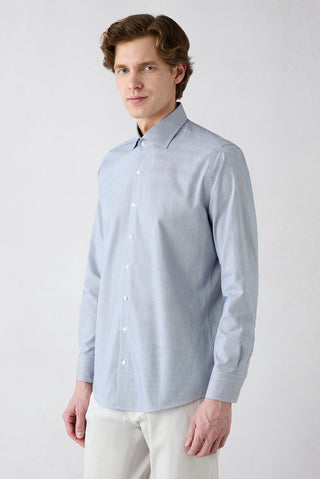  Koyu Lacivert Uzun Kol Klasik Çizgili Slim Fit Dar Kesim Pamuk Gömlek