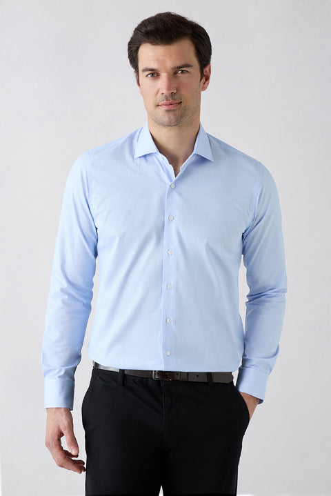 Mavi Uzun Kol Klasik İtalyan Yaka Çizgili Slim Fit Dar Kesim Nefes Alabilen Pamuk Gömlek