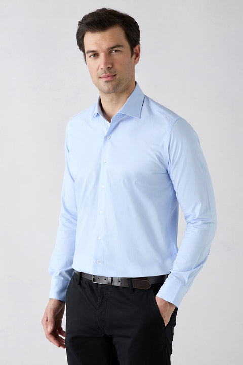 Mavi Uzun Kol Klasik İtalyan Yaka Çizgili Slim Fit Dar Kesim Nefes Alabilen Pamuk Gömlek