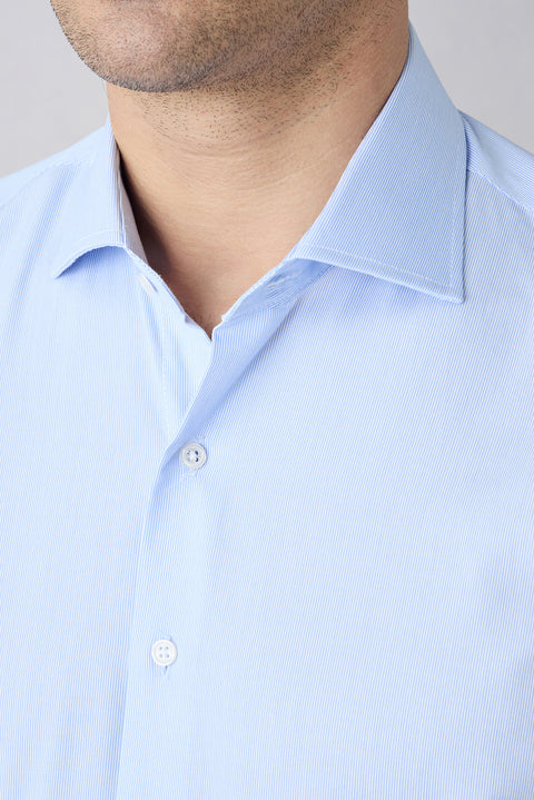 Mavi Uzun Kol Klasik İtalyan Yaka Çizgili Slim Fit Dar Kesim Nefes Alabilen Pamuk Gömlek