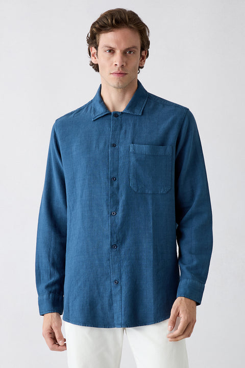Mid-Navy Long Sleeve Regular Fit Striped Linen Blend Shirt