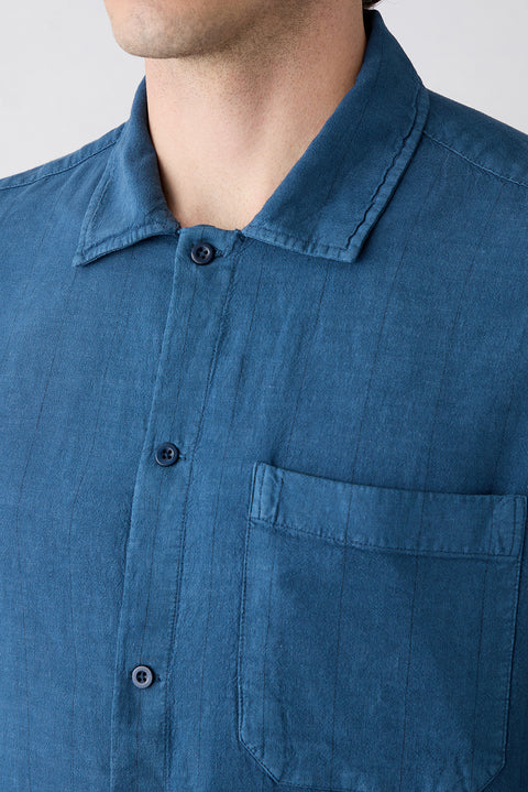Mid-Navy Long Sleeve Regular Fit Striped Linen Blend Shirt