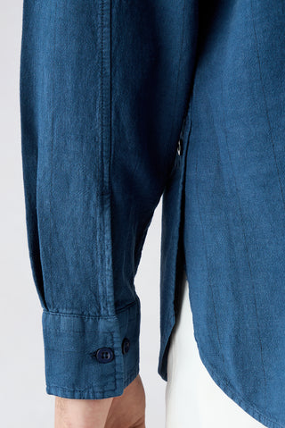  Orta Lacivert Uzun Kol Regular Fit Cepli Çizgili Keten Karışımlı Denim Gömlek