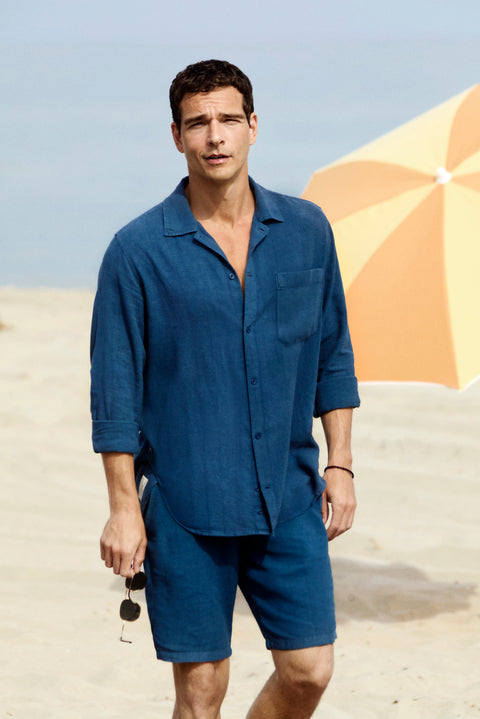 Dark Navy Long Sleeve Regular Fit Zip-Up Striped Linen Shirt