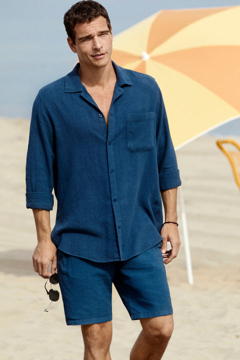 Dark Navy Long Sleeve Regular Fit Zip-Up Striped Linen Shirt