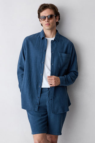  Koyu Lacivert Uzun Kol Regular Fit Cepli Çizgili Keten Karışımlı Denim Gömlek