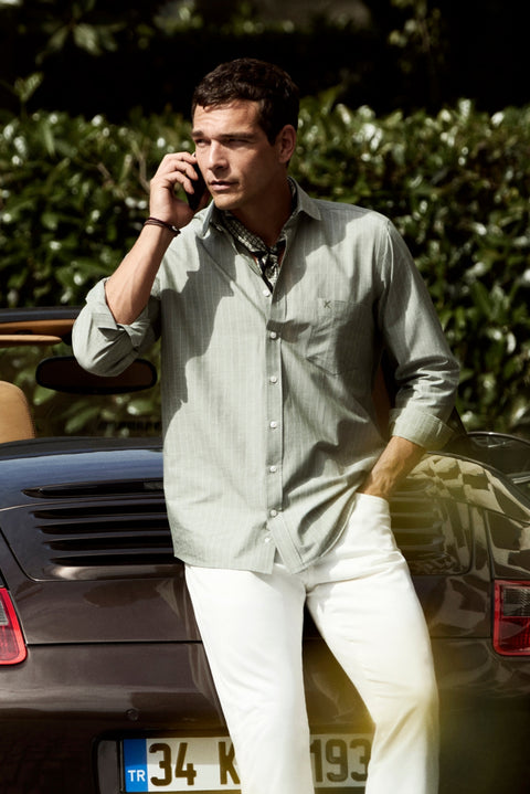 Light Green Long Sleeve Regular Fit Cotton Striped Shirt