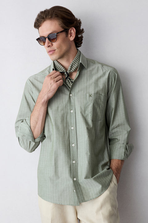 Light Green Long Sleeve Regular Fit Cotton Striped Shirt