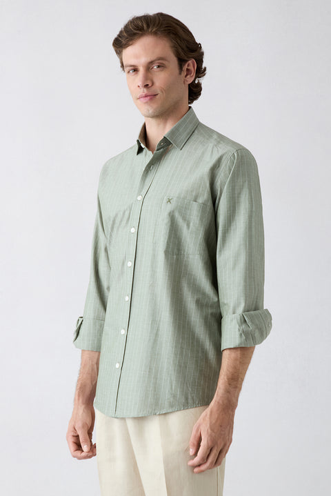 Light Green Long Sleeve Regular Fit Cotton Striped Shirt