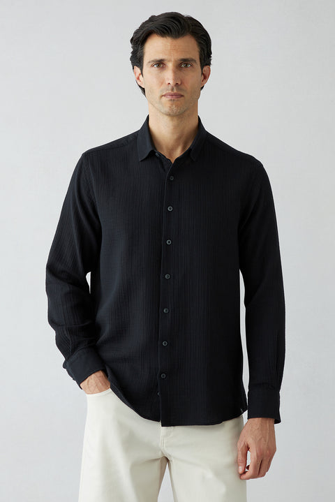 Black Long Sleeve Regular Fit Plain Cotton Shirt