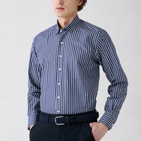 Koyu Lacivert Uzun Kol Regular Fit Klasik Yaka Çizgili Cepli Pamuk Gömlek