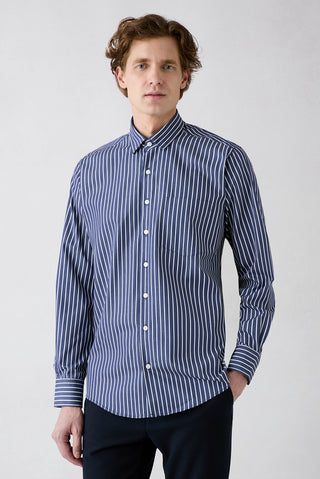  Koyu Lacivert Uzun Kol Regular Fit Çizgili Pamuk Gömlek