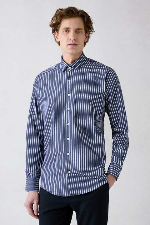 Koyu Lacivert Uzun Kol Regular Fit Klasik Yaka Çizgili Cepli Pamuk Gömlek